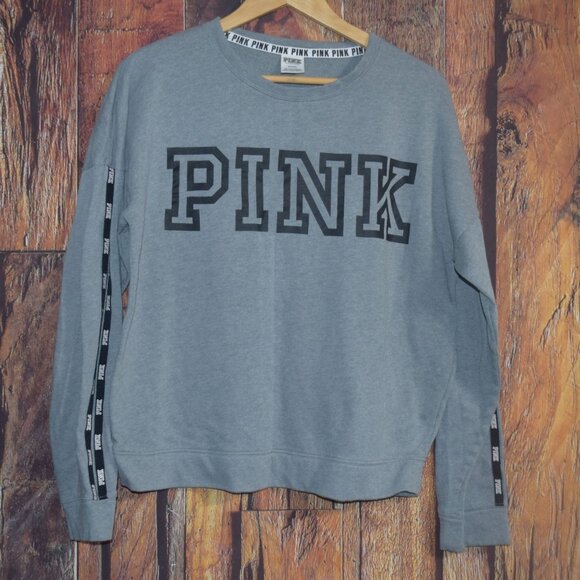 Victoria's Secret Pink Women's Sz M crewneck Logo Sweatshirt w logo tape Sleeves - Picture 1 of 6